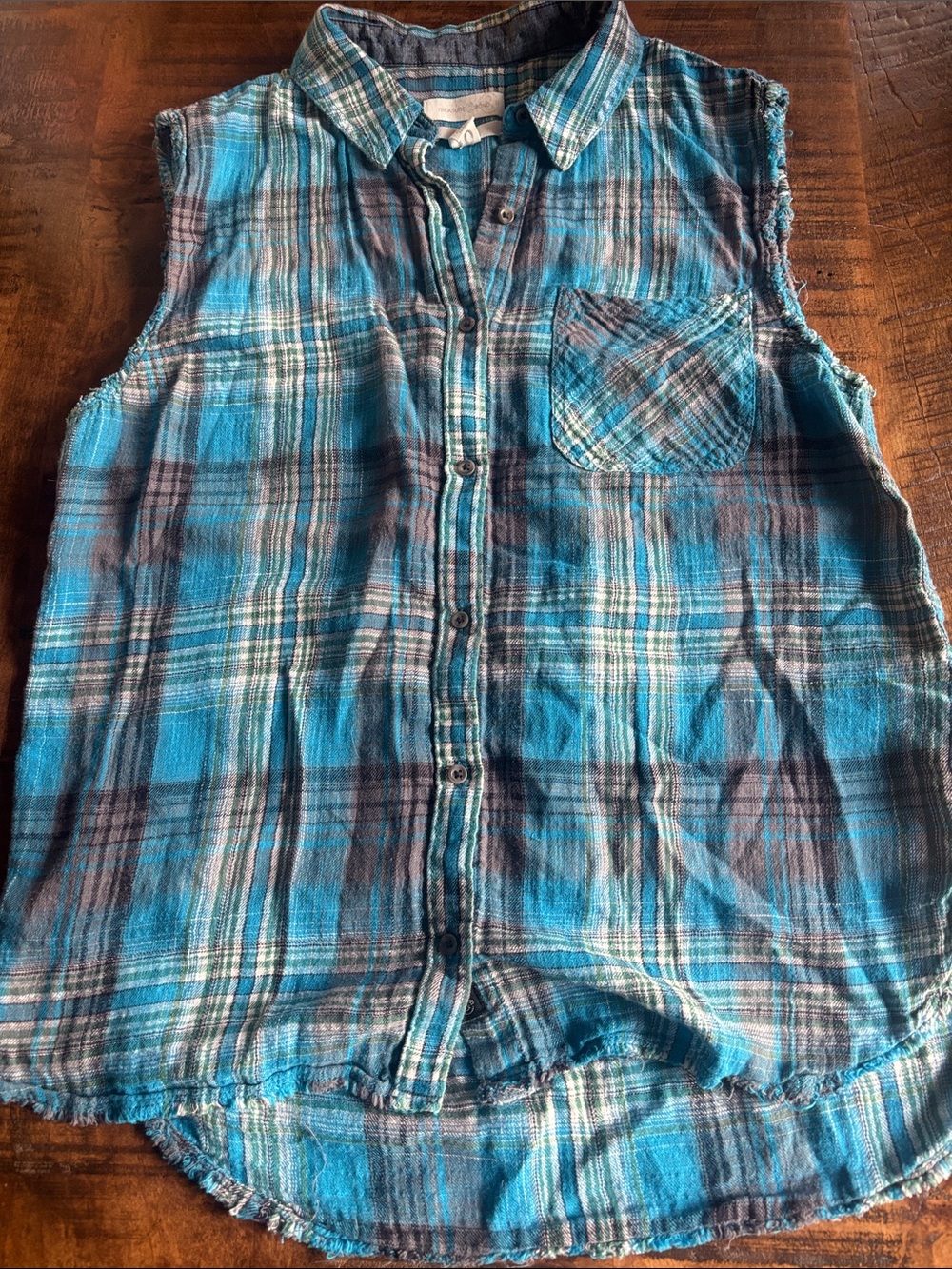 Treasure & Bond Teal & Navy Plaid Sleeveless Button-Down Shirt